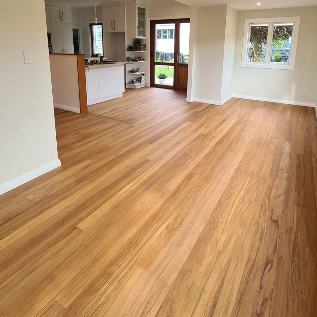 Refinished timber floor after sanding and polishing